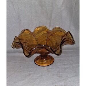 Viking Glass Amber Flower Petal Candy Dish Ruffled Pedestal Bowl Vintage MCM